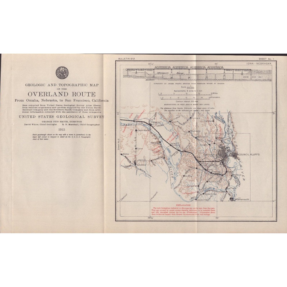 1915 USGS Overland Route Map Omaha Nebraska San Francisco Bulletin 612 Sheet 1